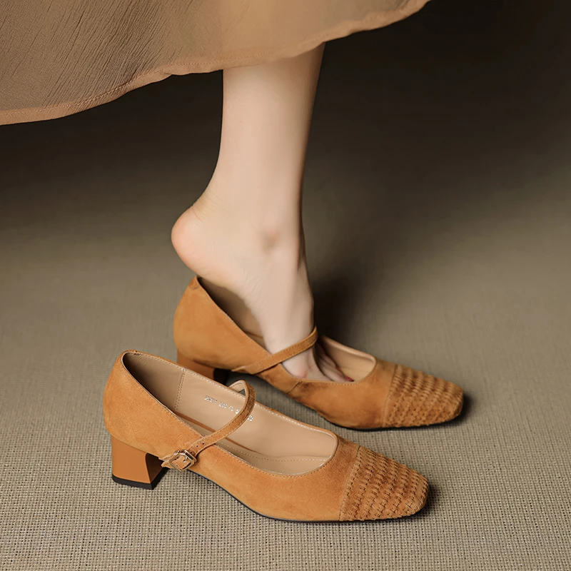 羊皮4.5cm单鞋法式方头粗跟浅口玛丽珍鞋时尚瓢鞋夏季通勤不累脚