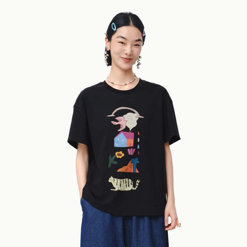 MOVEUP幻走2025春季新款.FUN圆领趣味印花设计短款T恤女325110562
