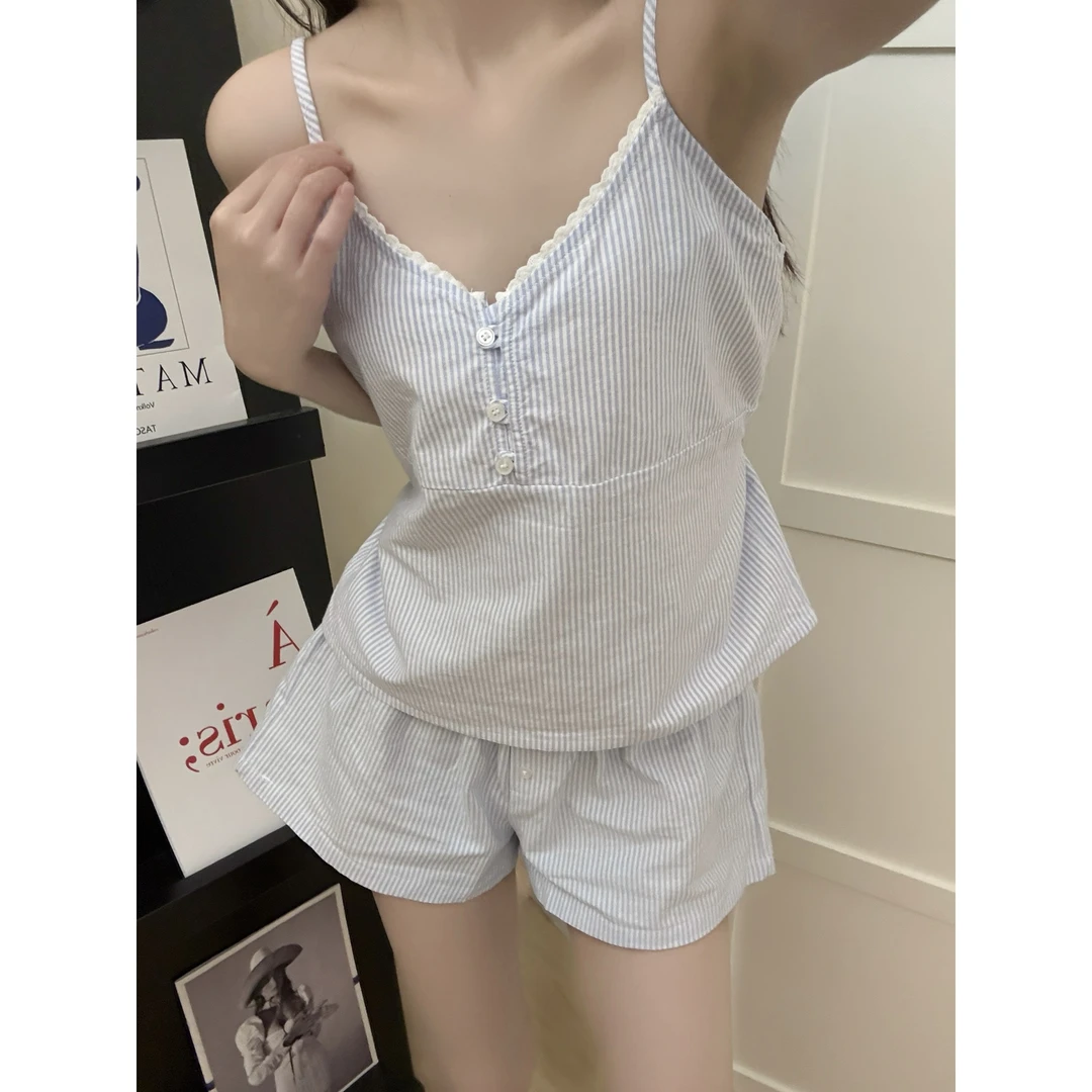 夏季小个子网红风家居服吊带短裤两件套女甜美花边拼接条纹睡衣女