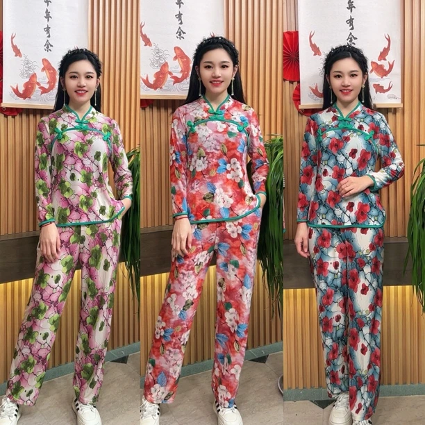 春夏新款上衣阔腿裤两件套装唐装修身显瘦大码女装舞蹈套装