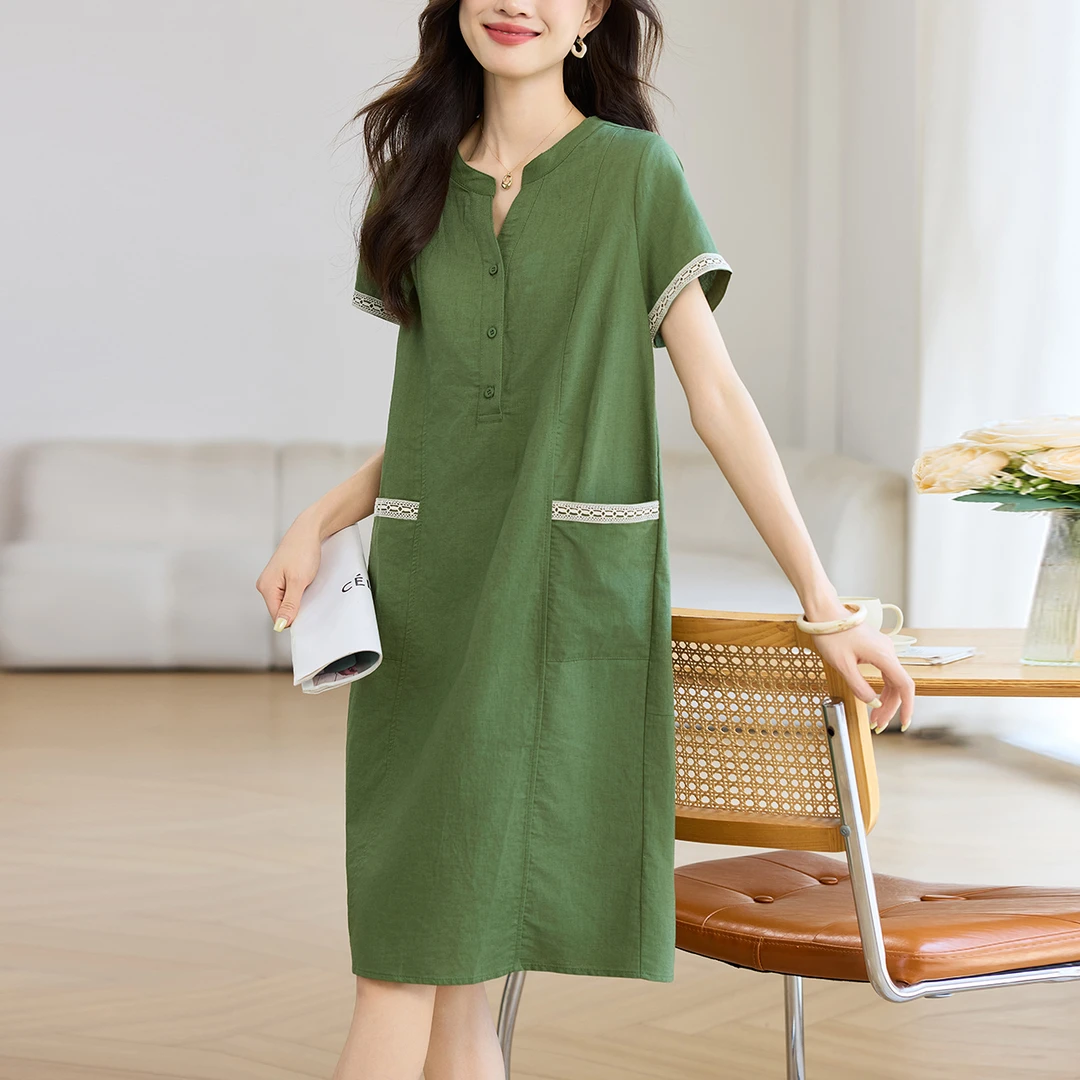 拼接花边V领棉麻连衣裙2025新款中年妈妈休闲宽松薄款亚麻裙子