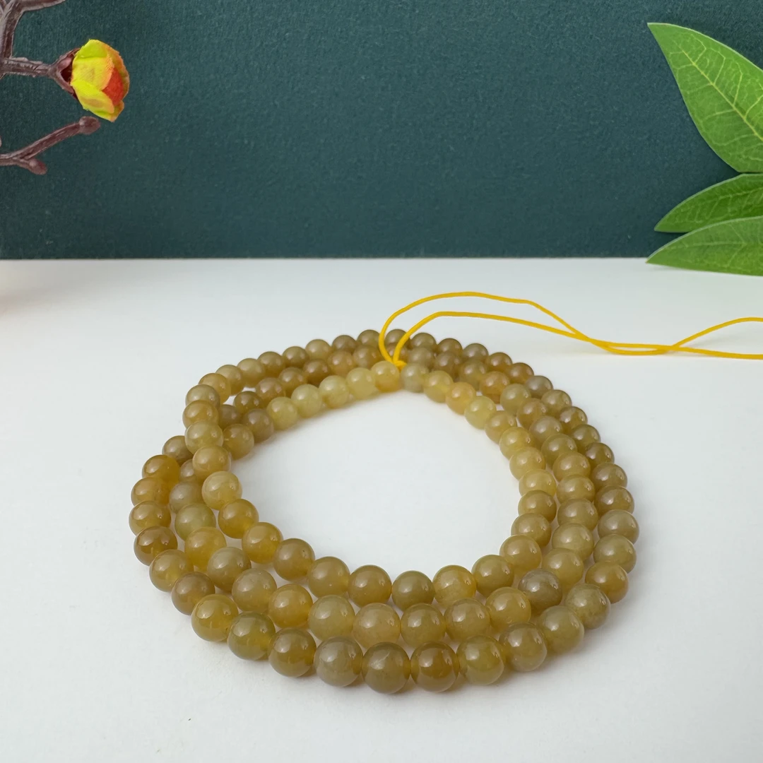 和田玉新疆料且末黄金糖卡6mm项链长款108颗长链精美