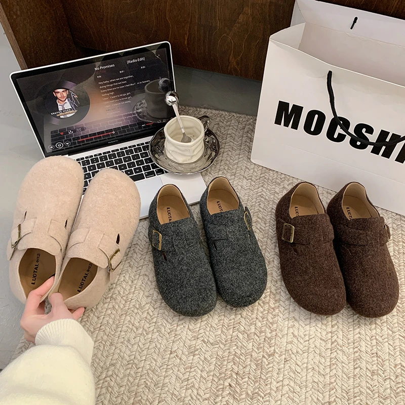 毛呢韩版3CM厚底内增高勃肯鞋2025年春季新款女单鞋