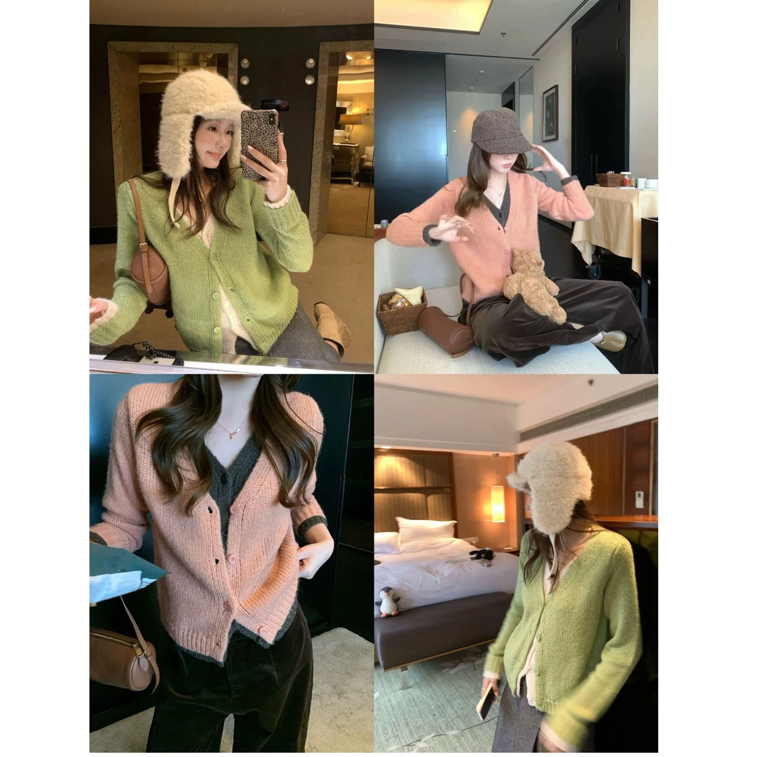 韩系软糯撞色假两件粗针针织毛衣开衫 CQ 9556#