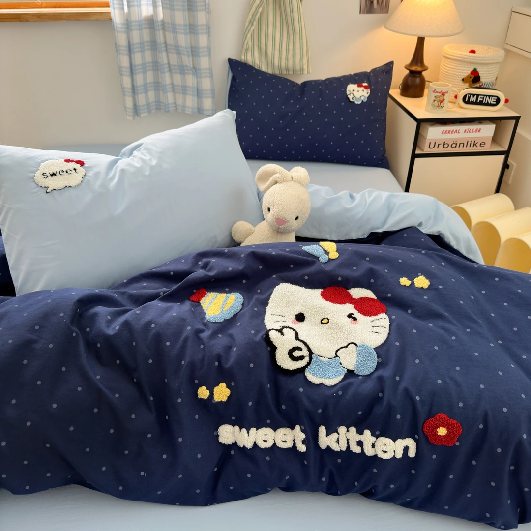 四季款可拆洗A类床品套件被套休闲风毛巾绣女大宿舍三件套超柔软