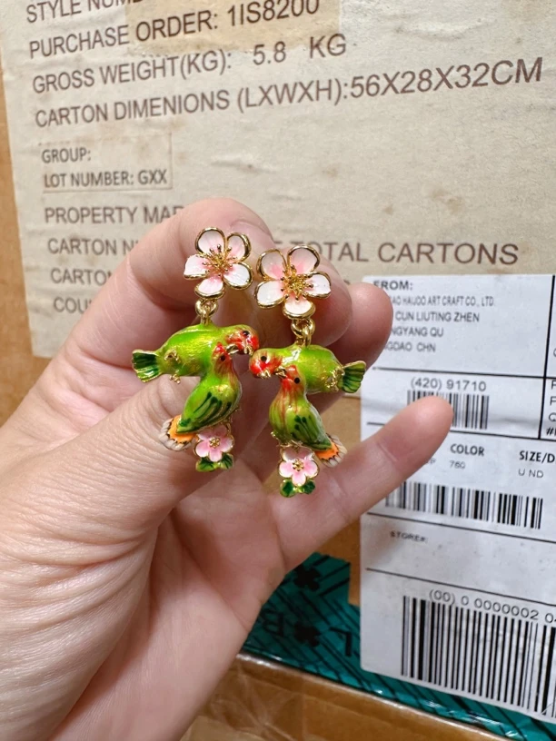 铜合金珐琅耳饰 卡通甜美粉色花朵爱情小鸟耳环女法式小清新耳饰