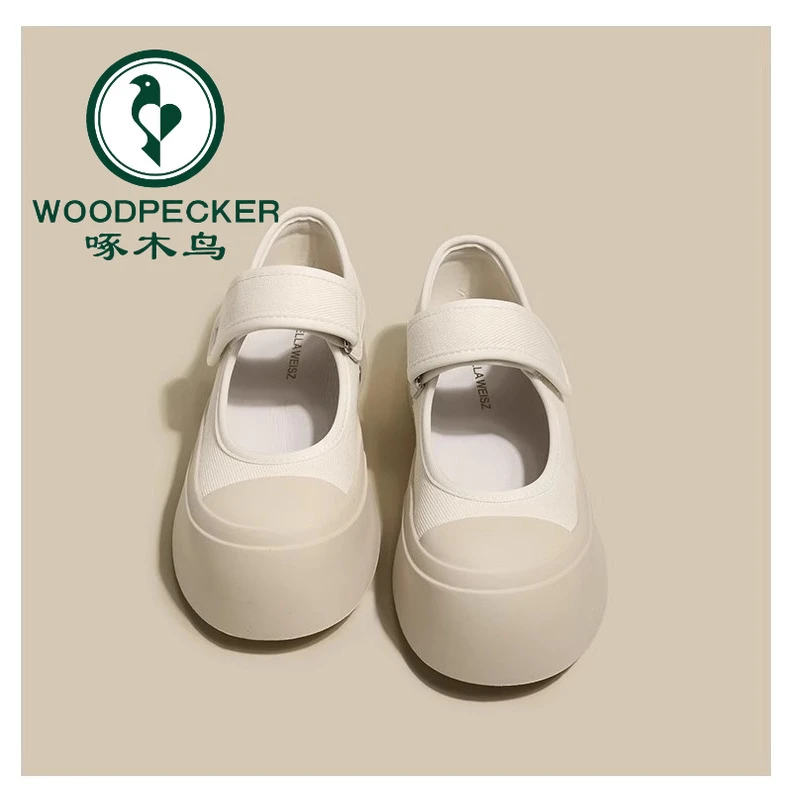 啄木鸟学院风玛丽珍女鞋2025春秋新款小白帆布鞋爆款百搭厚底板鞋
