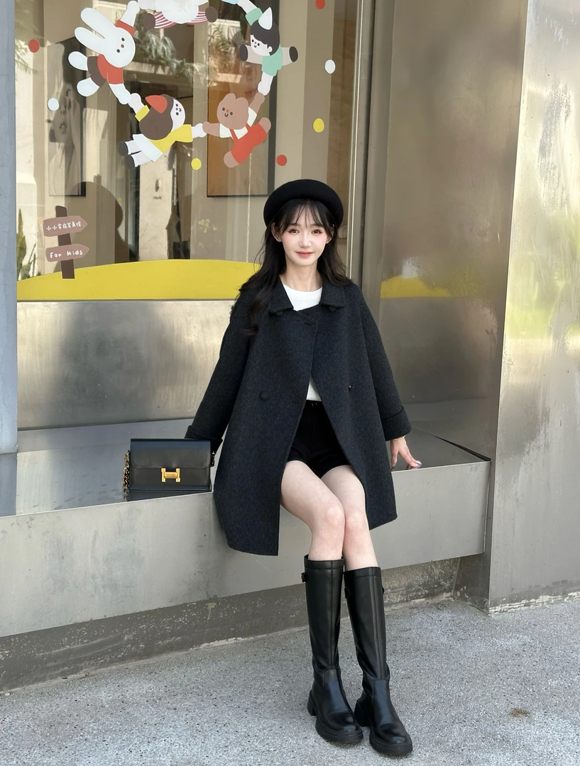 韩版中长款羊毛大衣小个子宽松女气质外套女9801