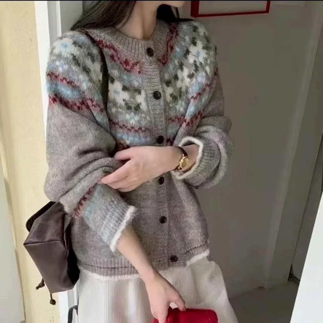 韩版提花针织开衫女厚款毛针织衫毛衣上衣针织提花美拉德风女气质