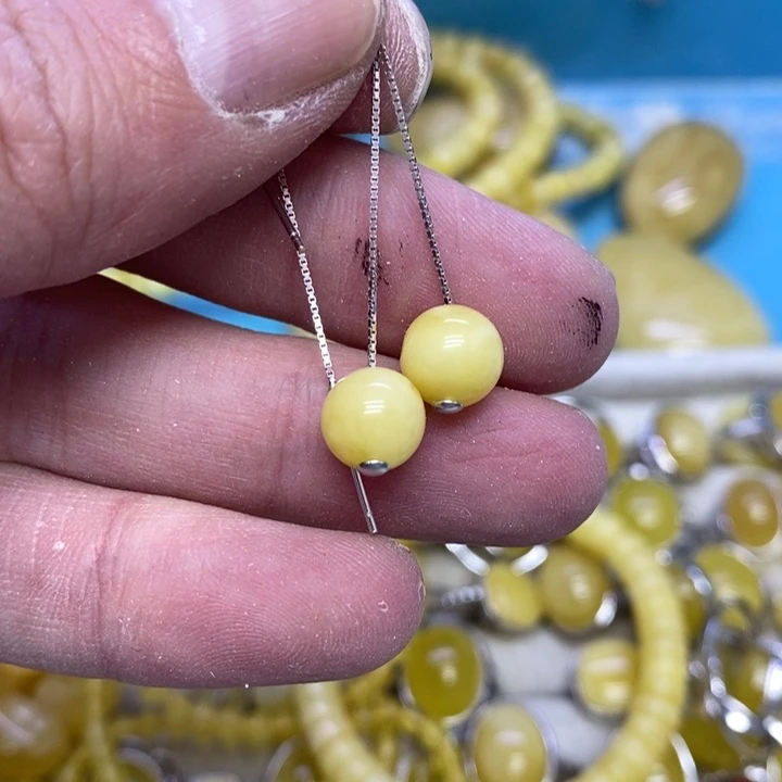 蜜蜡裸石银S925镶嵌耳坠