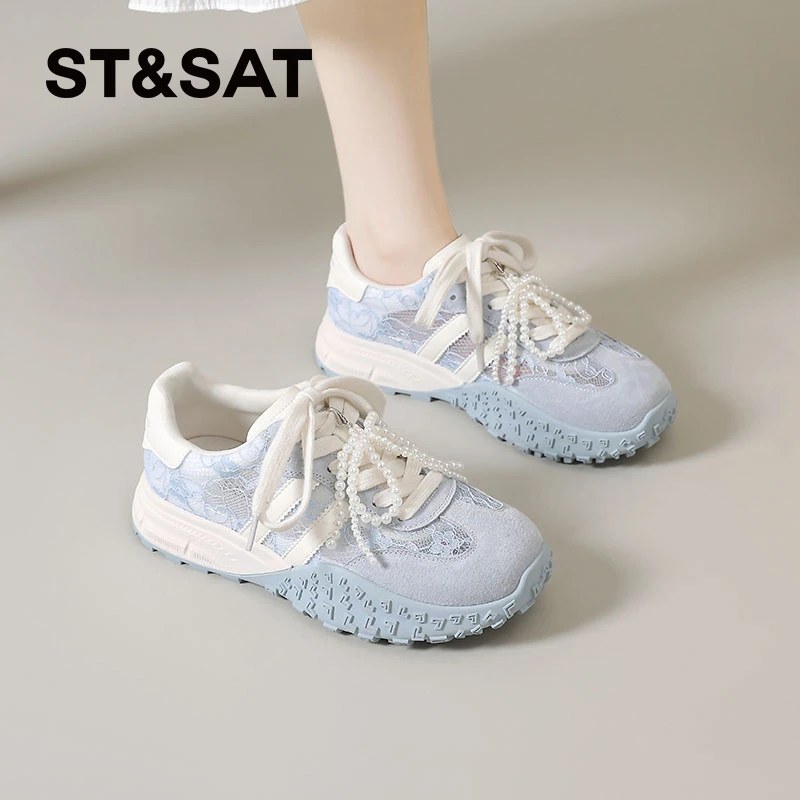 星期六超火德训女2025新款夏季透气蕾丝珍珠鞋多巴胺轻奢运动女鞋