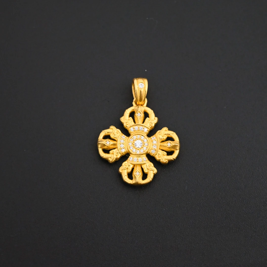 【金枝原】足金999 莫桑四叶草十字金刚杵吊坠