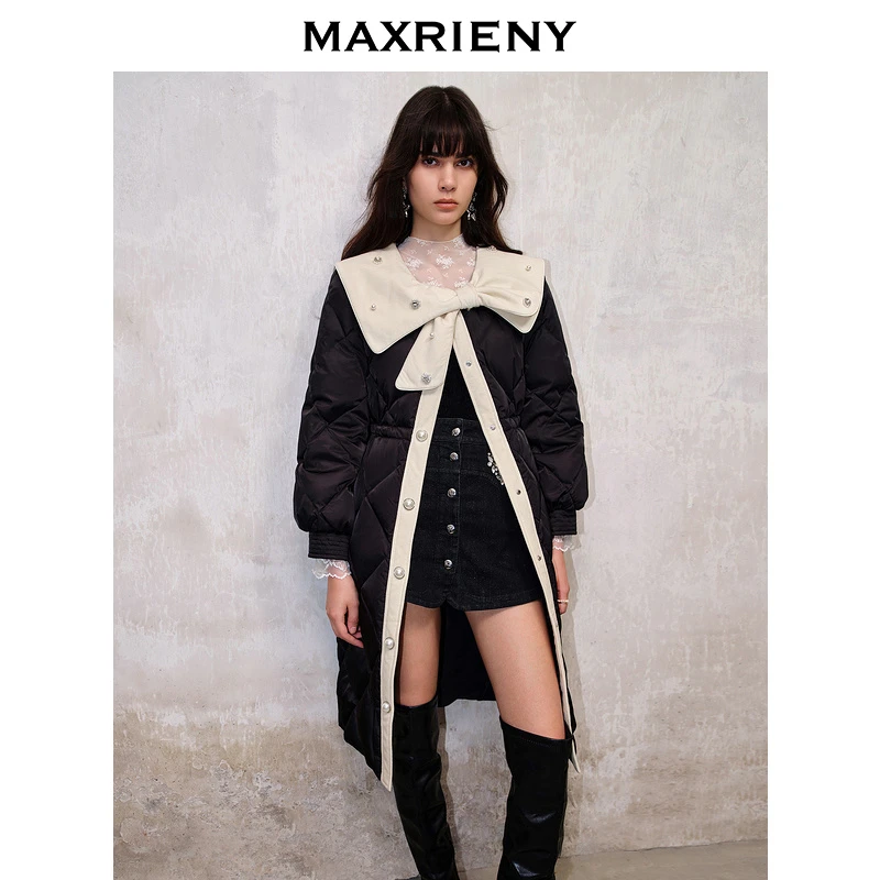 【KK专属】MAXRIENY千金小香风羽绒服长款秋冬新款蝴蝶结小香风外套