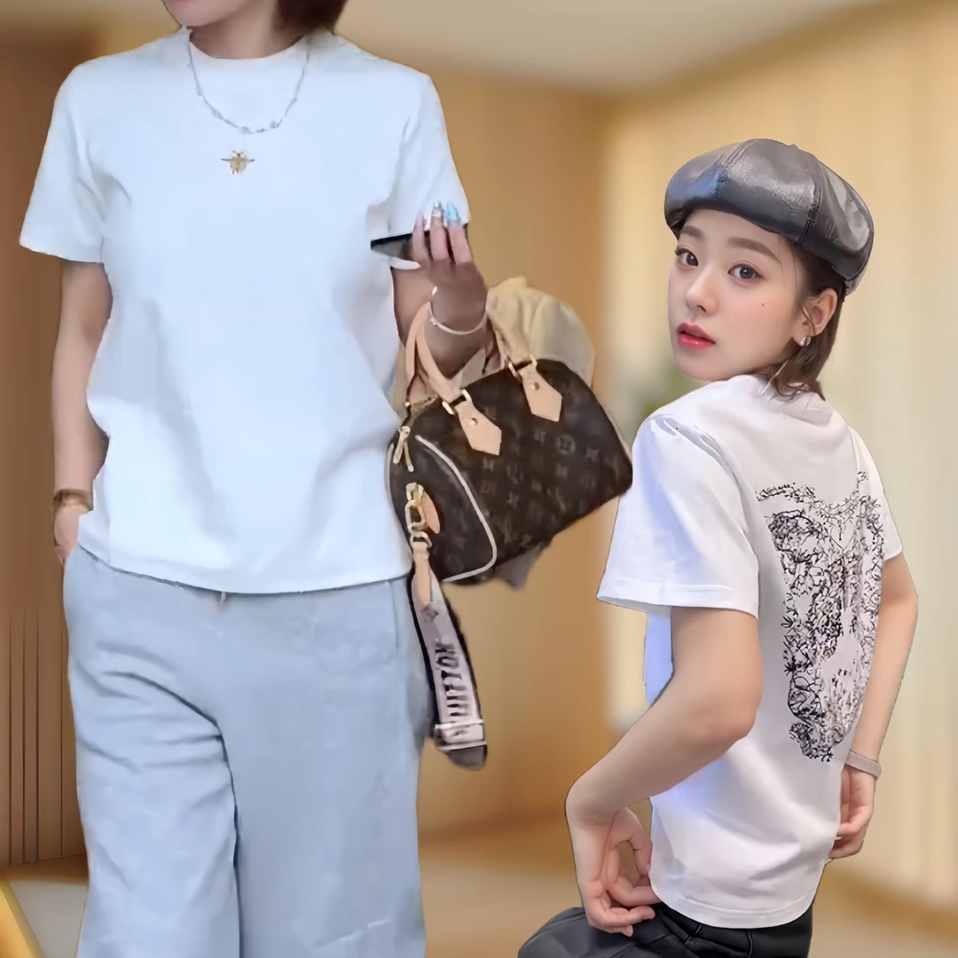 【小蜜蜂】后背素描印花高级时尚圆领百搭T女潮流轻奢休闲半袖上衣