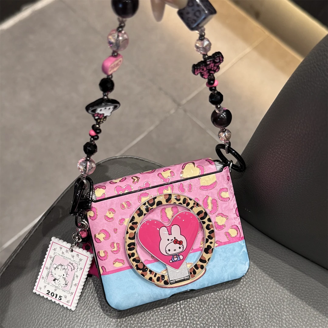 适用华为purax折叠屏手机壳粉色皮质pocket2豹纹kt猫折叠磁吸支架