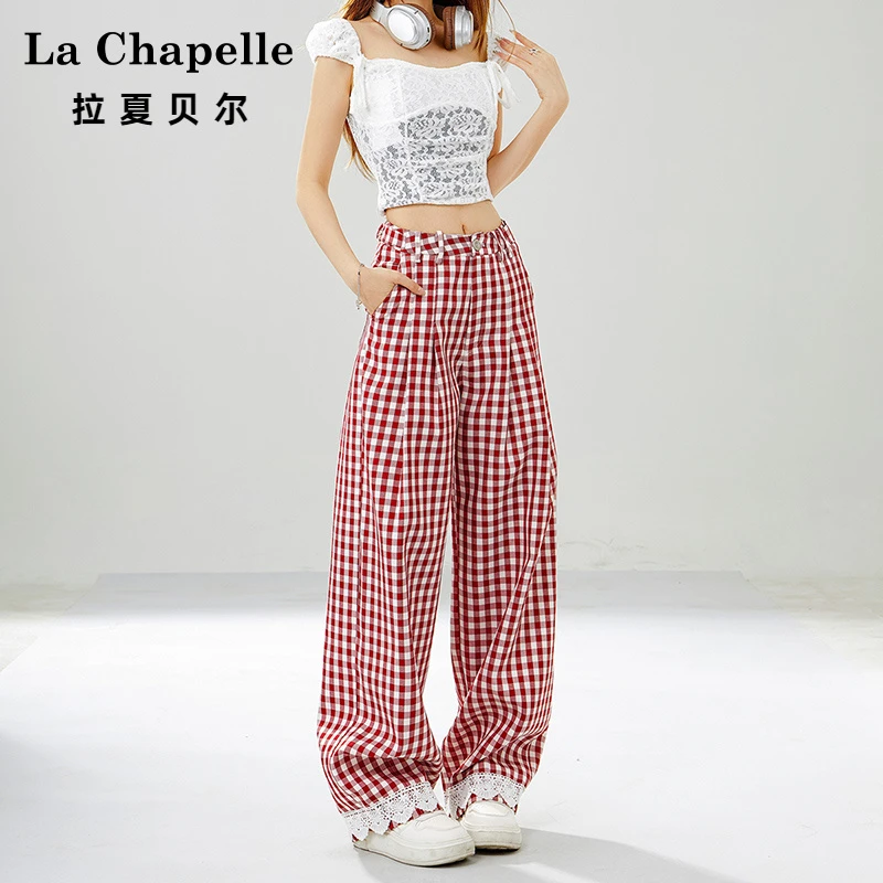 拉夏贝尔红白格子高腰宽松蕾丝阔腿女休闲裤2025春夏新款显瘦裤子