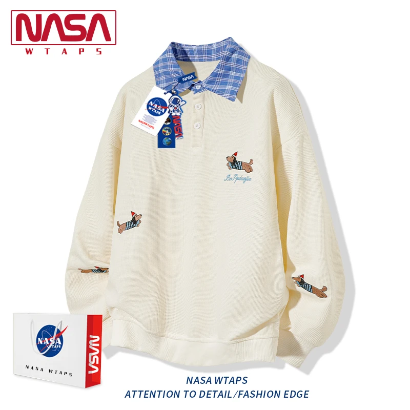 NASA WTAPS潮牌卡通腊肠狗长袖卫衣男士秋季情侣款假两件百搭上衣