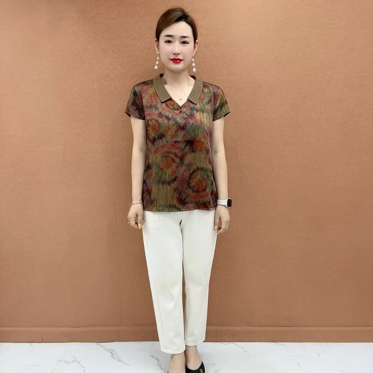 9522夏季新款妈妈短袖时尚减龄中老年女装V领T恤