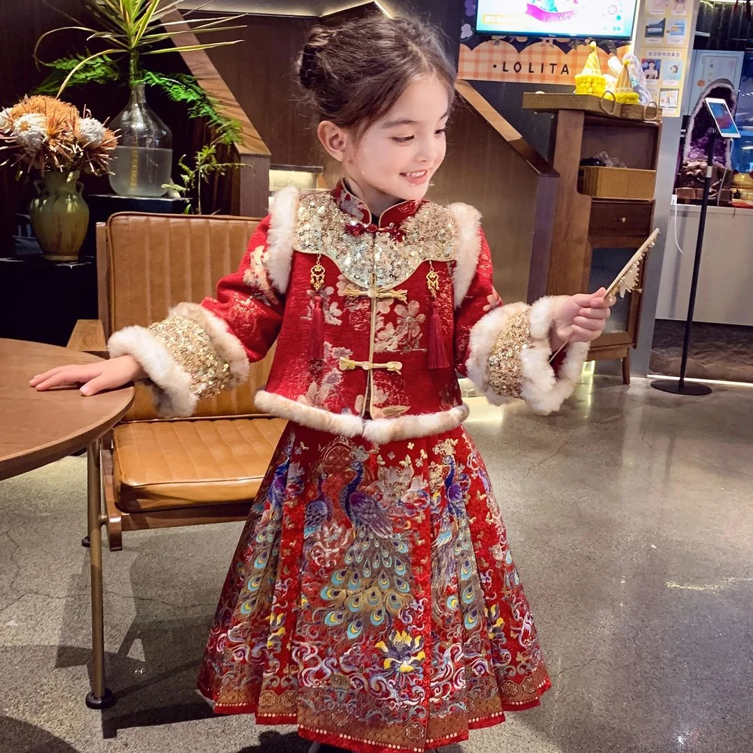 女童拜年服马面裙套装冬装2025国风新中式新年装外套汉服两件套裙