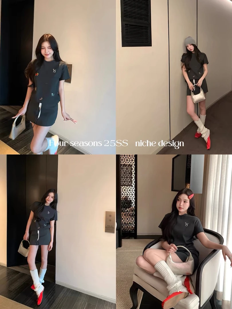 灰灰呀！趣味小狗！小狗刺绣短袖T恤➕（安全裤）半身裙两件套套装