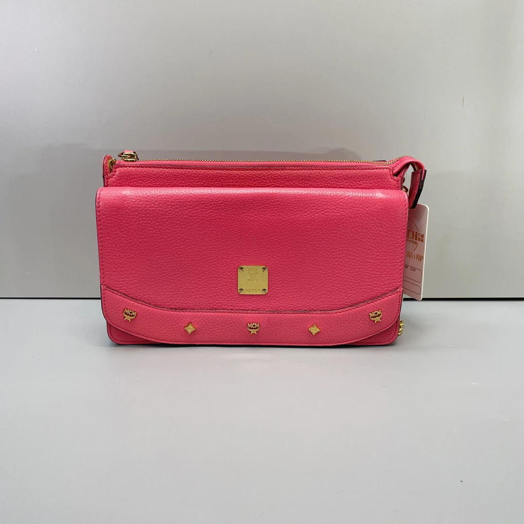 95新 MCM 媚姐/mcm粉红色链条斜挎包26x16x9cmF122807
