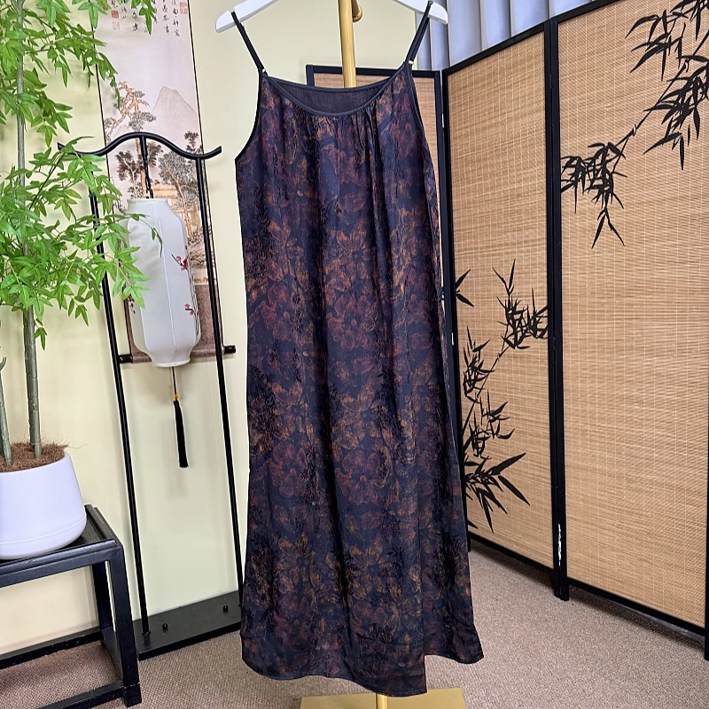 【百叶牡丹】新中式香云纱吊带裙百搭时尚复古无袖设计师桑蚕丝提花