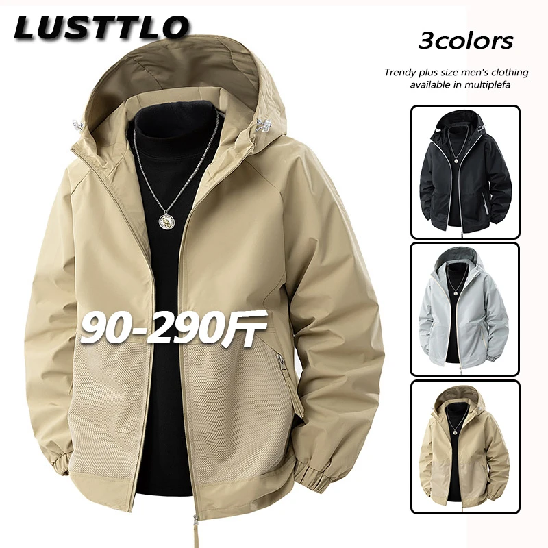 2025春秋季美式工装纯色夹克男士连帽外套宽松休闲加肥加大码风衣