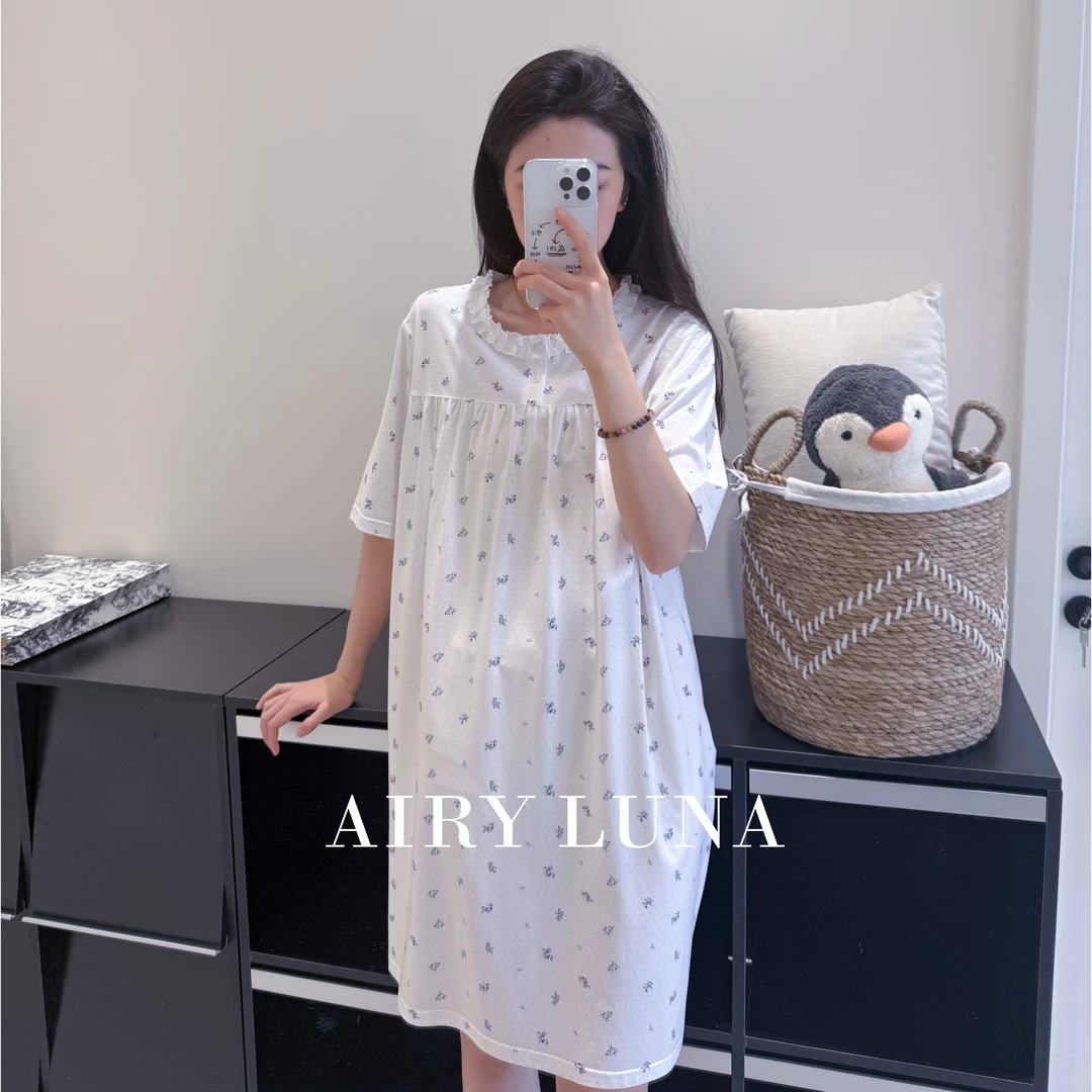 夏季圆领简约碎花睡衣女舒适睡裙休闲