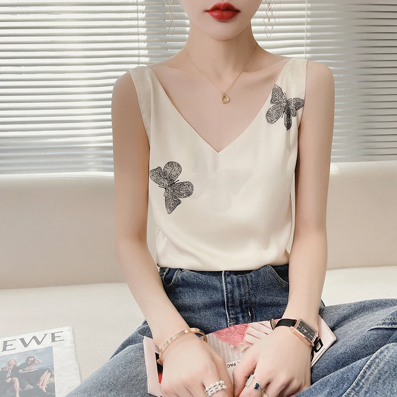 时尚蝴蝶印花吊带背心女内搭打底衫配西装春夏季V领缎面外穿上衣