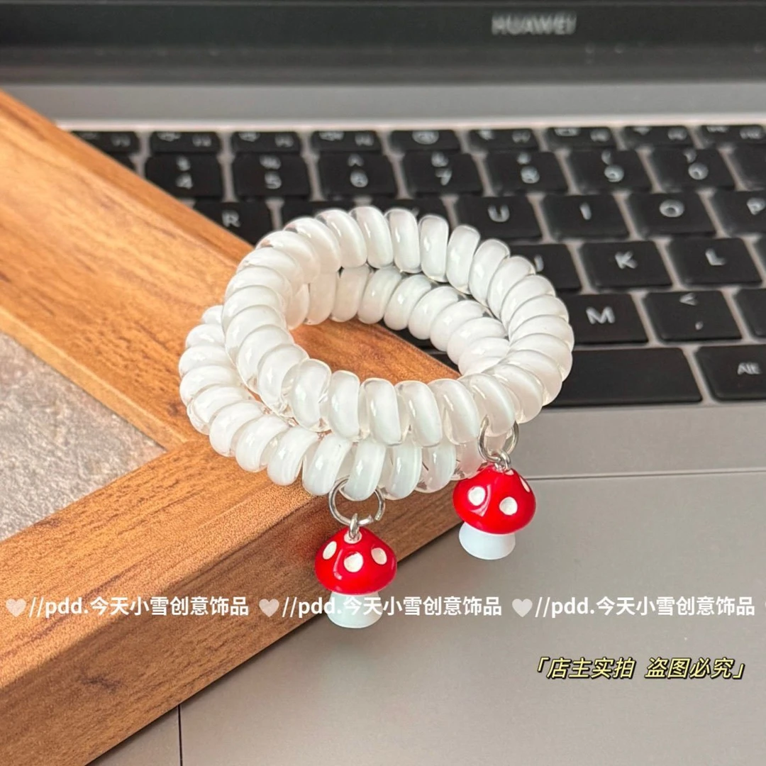 红蘑菇~果冻白电话线发圈清新巨显白高级头绳甜美学生女发圈