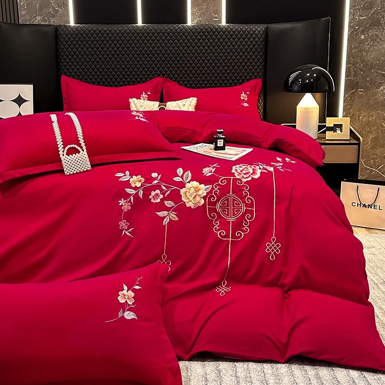 【小惠专属】高端四件套水养棉轻奢大红色喜庆喜被中式结婚绣花