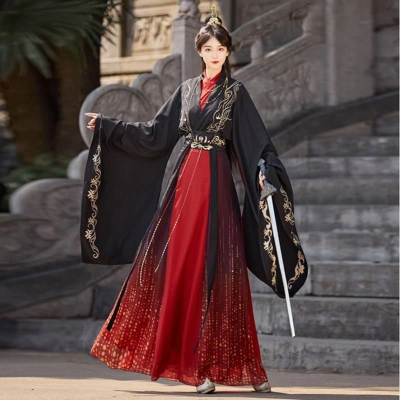 原创汉服女红色新款春夏魏晋风交领战国袍大袖衫国风日常仙侠套