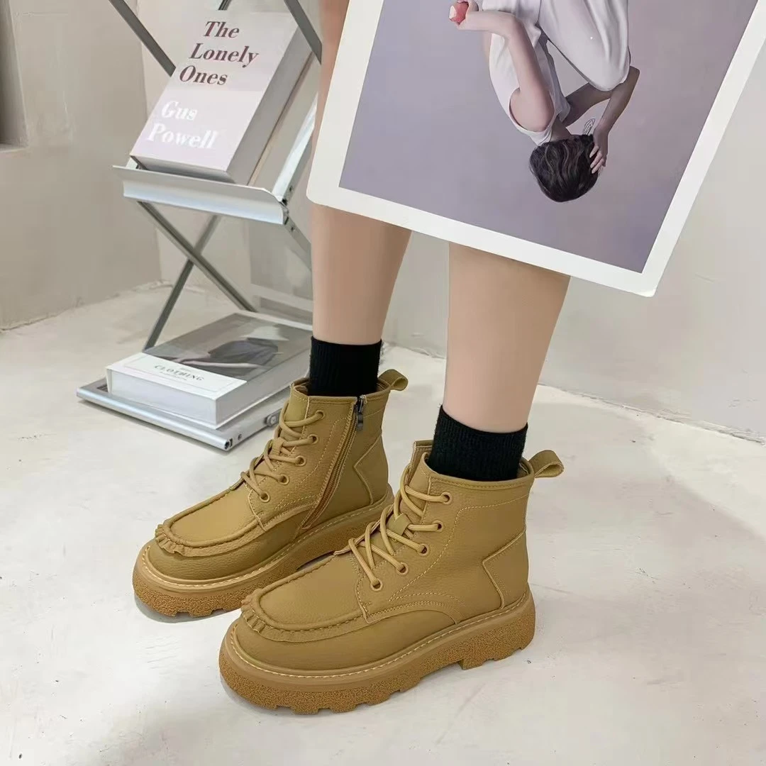 卡帝罗诗女鞋系带厚底马丁靴女冬欧美加绒小个子增高舒适短靴