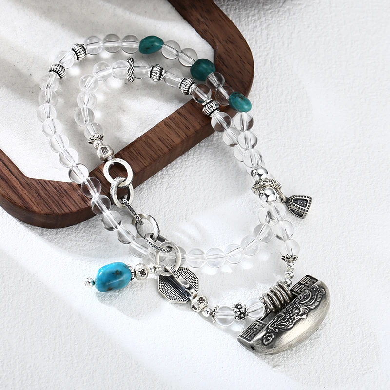 链子925银 XL04透明珠如意锁项链 流行长款毛衣链