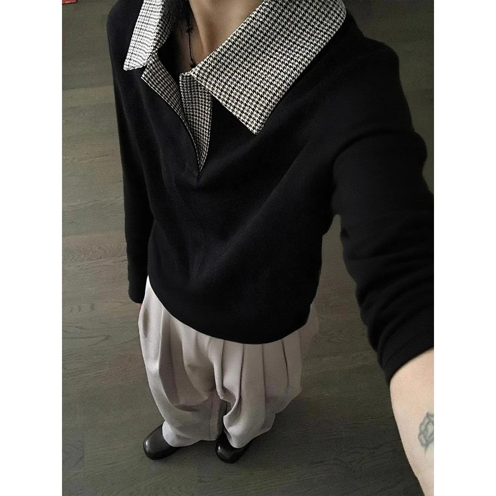 千鸟格正肩翻领POLO衫男款黑色假两件拼接长袖T恤重磅内搭打底衫