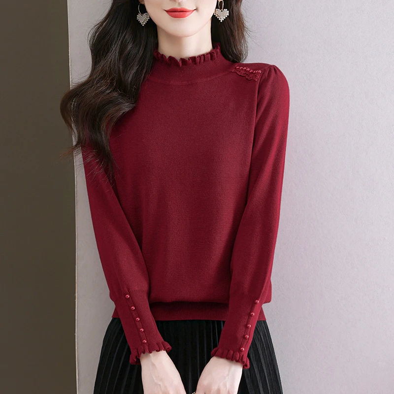 花边半高领毛衣女秋冬2025新款中年妈妈冬季内搭加厚红色针织衫女