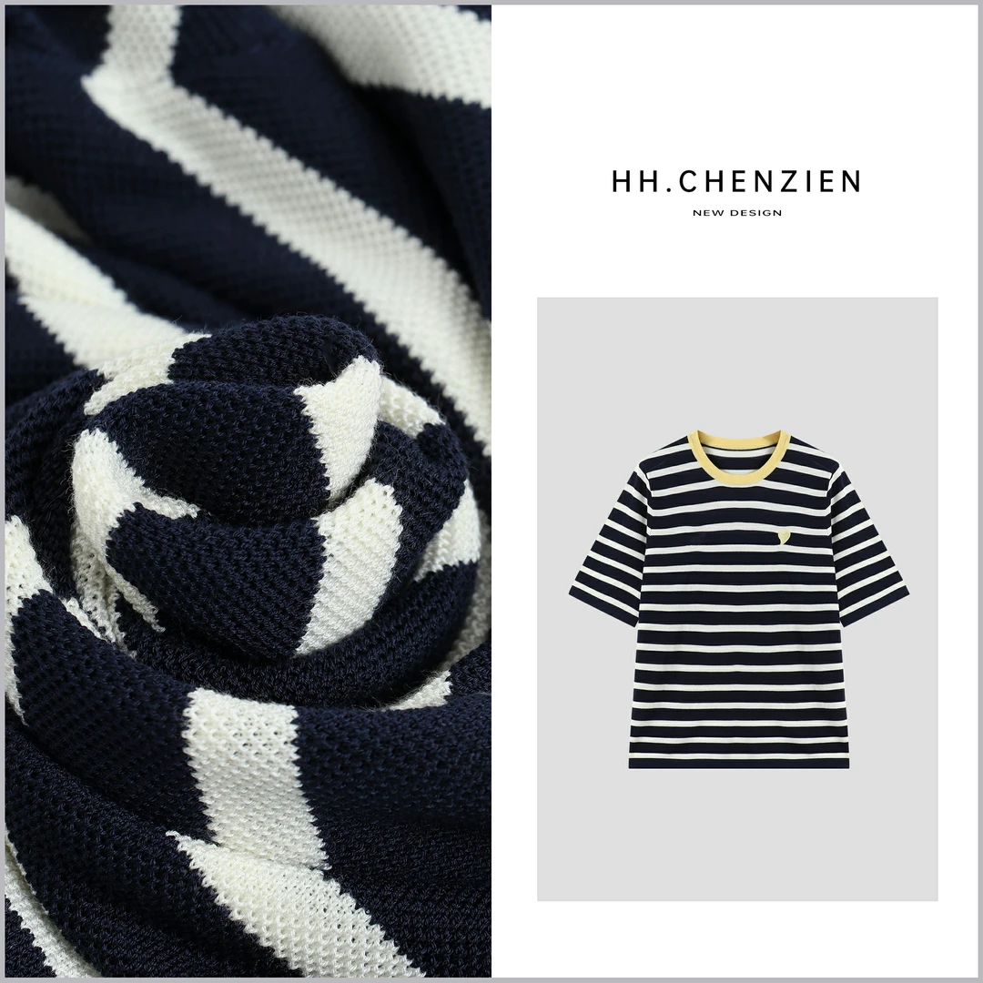 【黑黑家】“空气感”春夏女款经典条纹爱心刺绣时尚百搭短袖针织上衣