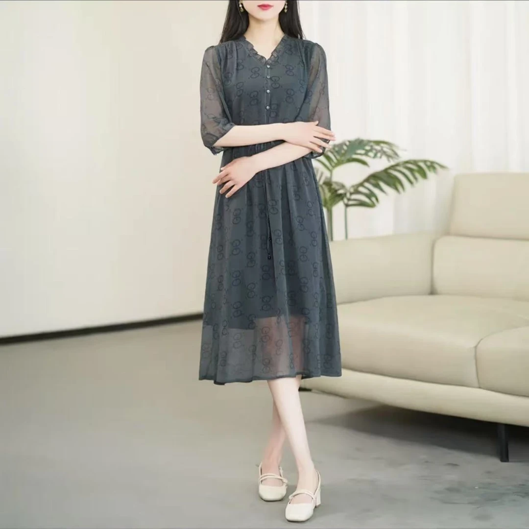 （安娜舞会）2025年蚕丝扎染印花高腰显高显瘦气质连衣裙