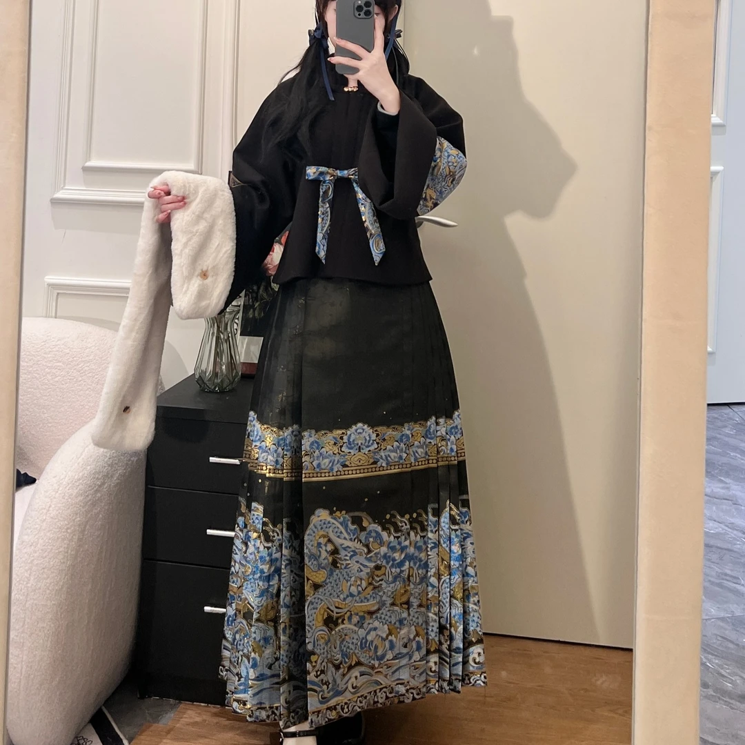 琉璃龙黑色 仿妆花织金 国风新中式汉元素宽松大气马面裙套装