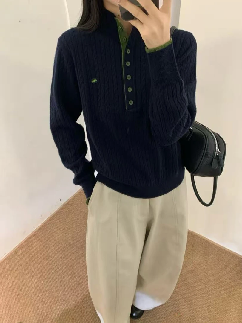 【线下同款】~高定款！立领7粒扣麻花针织毛衣套头衫B1756