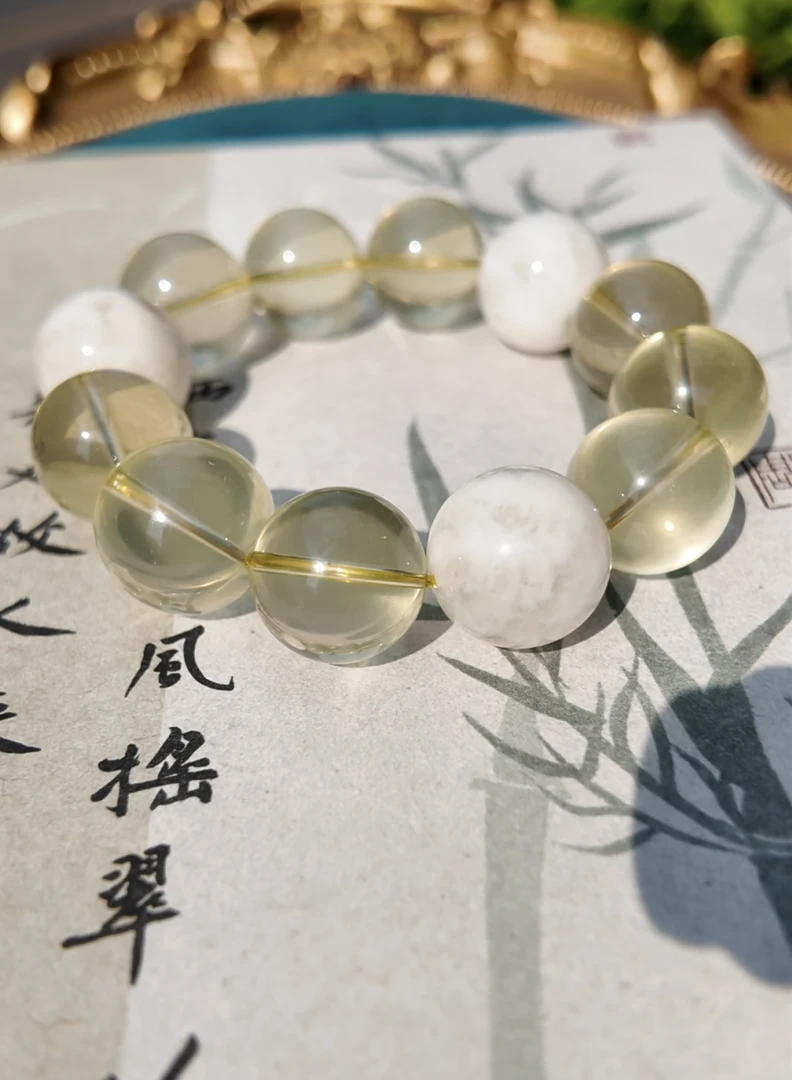 招财柠檬黄水晶搭配雪花幽灵手串