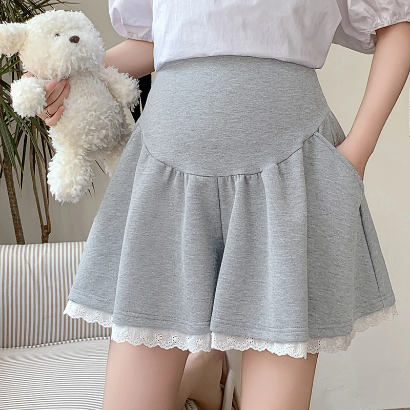 孕妇裤夏季高腰托腹运动休闲短裤撞色蕾丝花边阔腿裤宽松显瘦裤裙