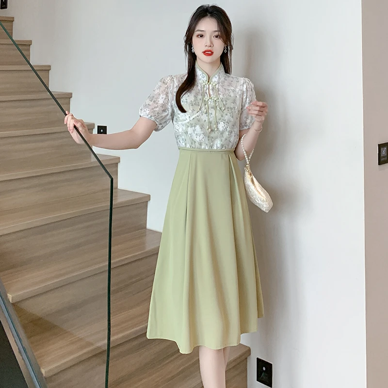 NJSHDGF实拍现货夏季新款新中式改良旗袍罩衫吊带裙两件套连衣裙