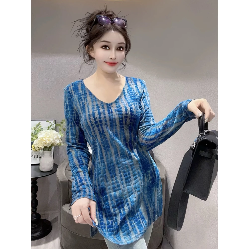 欧洲站2025夏季新款轻熟风气质V领长袖T恤女修身显瘦侧边开衩上衣