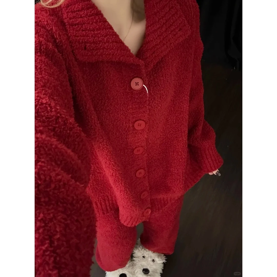 韩系圣诞本命年红色针织半边绒睡衣女秋冬新款加厚保暖家居服套装