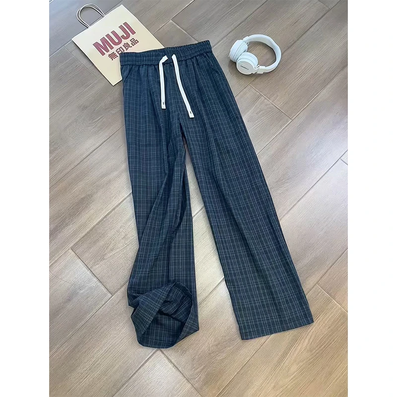 灰色美式复古冰丝凉感格子裤男夏薄款休闲裤子宽松透气直筒遛弯裤