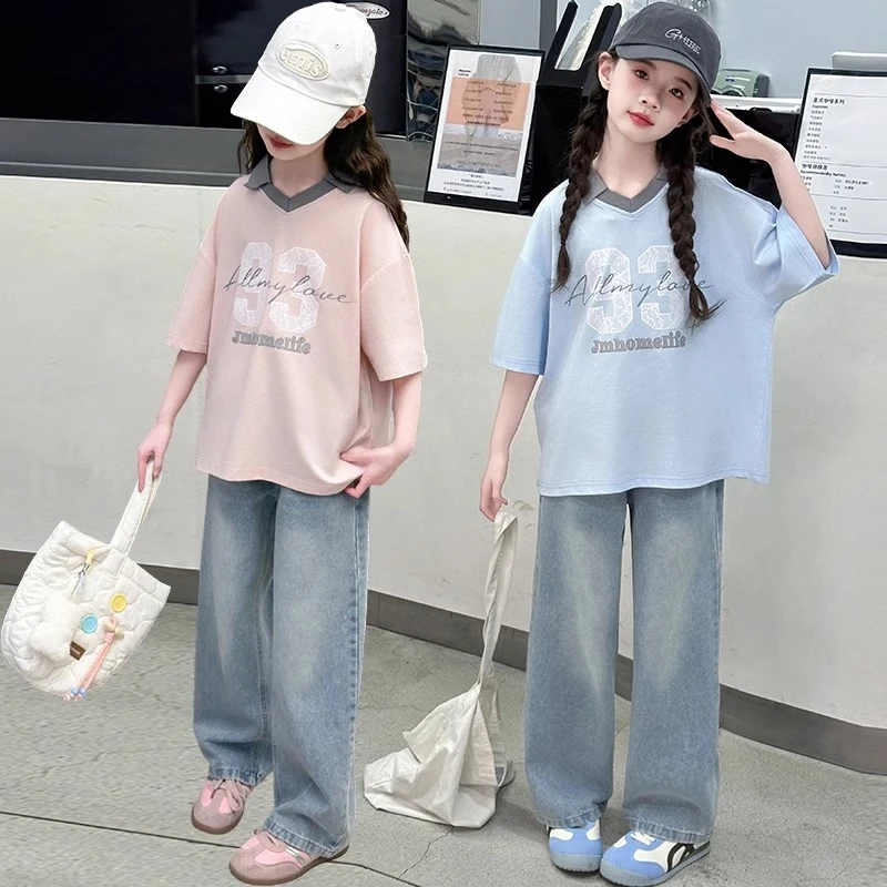 女童短袖套装夏季2025新款儿童POLO领上衣中大童休闲牛仔裤两件套