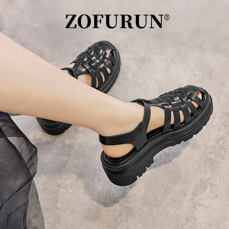 ZOFURUN包头罗马凉鞋女时尚新款夏季外穿粗跟运动厚底镂空真皮