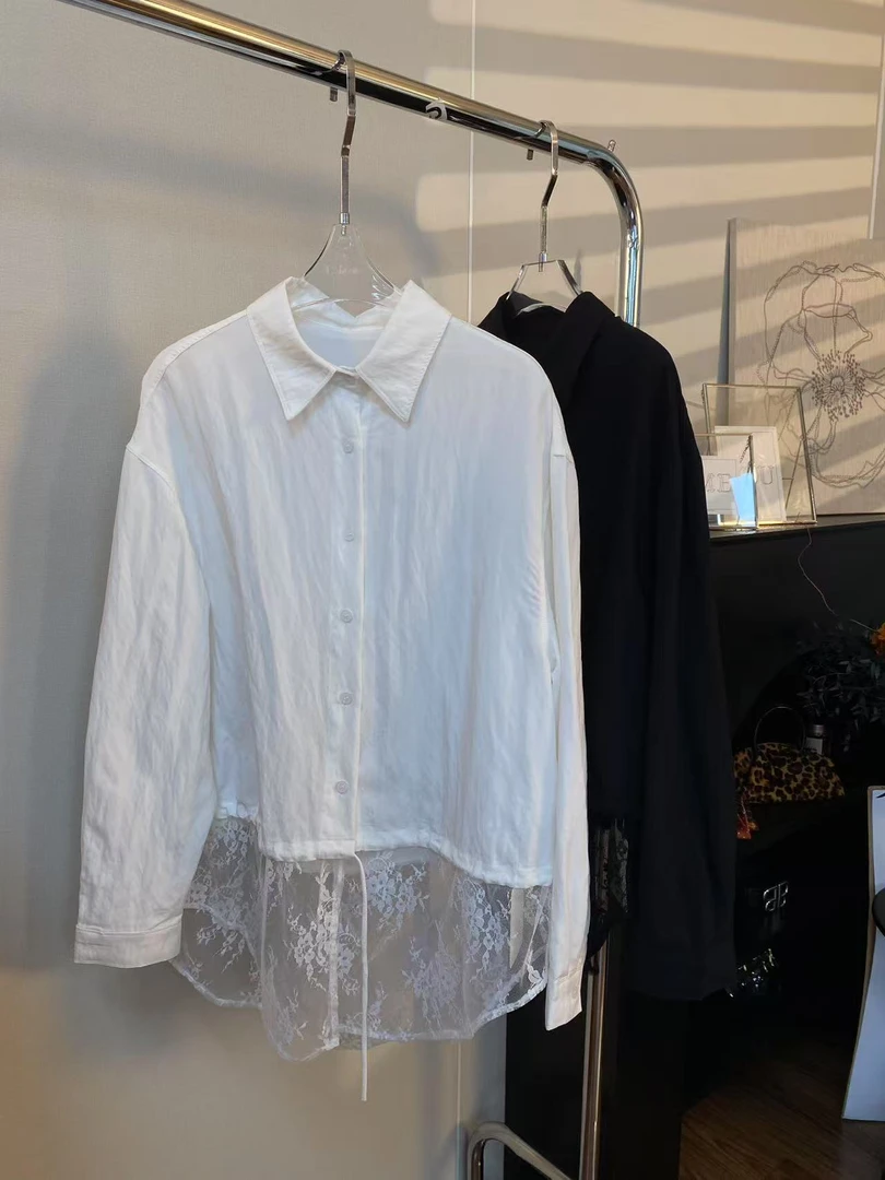 【T.21】蕾丝网纱花边拼接下摆抽绳两色衬衫1A6121