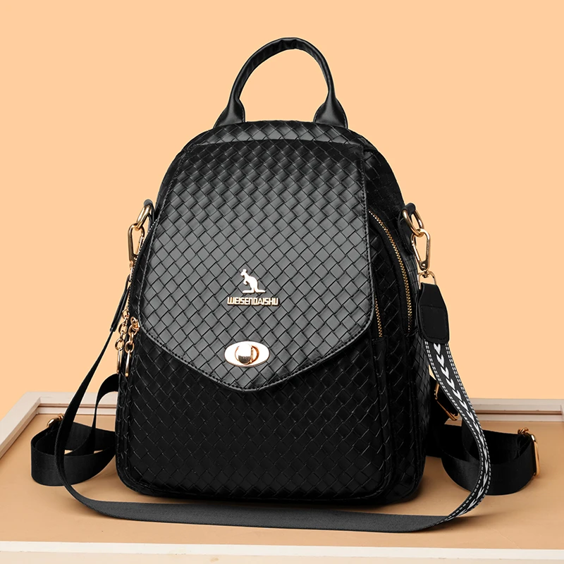 正品威森袋鼠软皮双肩包女多用女士单肩小包编织纹外出百搭女背包